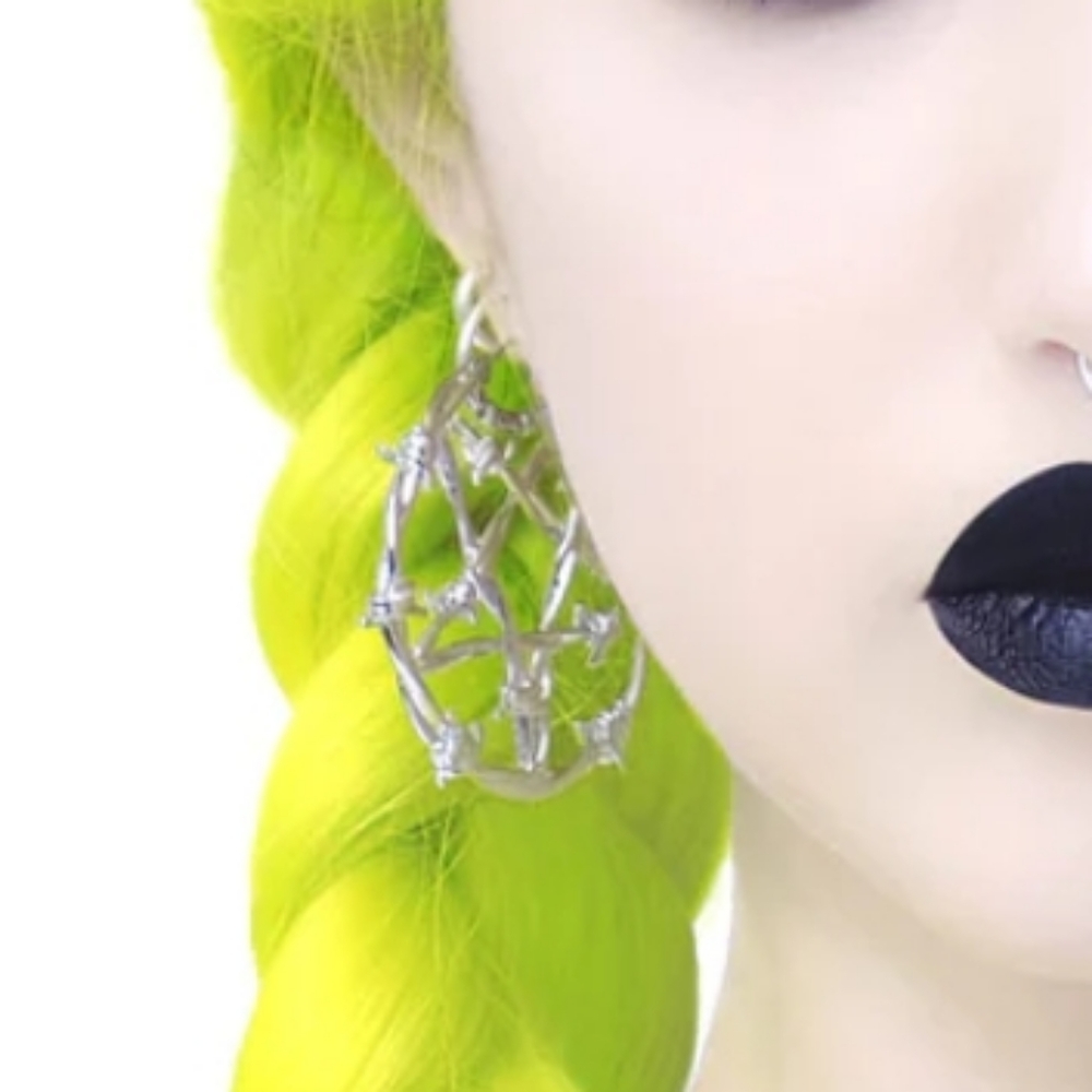 Killstar Silver Barbed Wire Pentagram Earrings - Brand New - Picture 3 of 4
